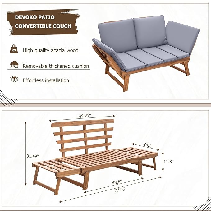 Devoko Outdoor Couch Acacia Wood Patio Couch - Image 2