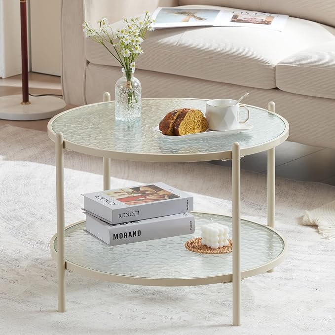VINGLI 25.6" Small Cream White Round Coffee Table Water-Wave Glass Circle Clear - Image 10