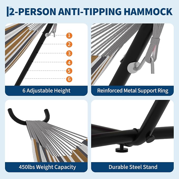 Double Hammocks with Stand for Outside, Portable Space Saving Heavy-Duty Steel - Image 4