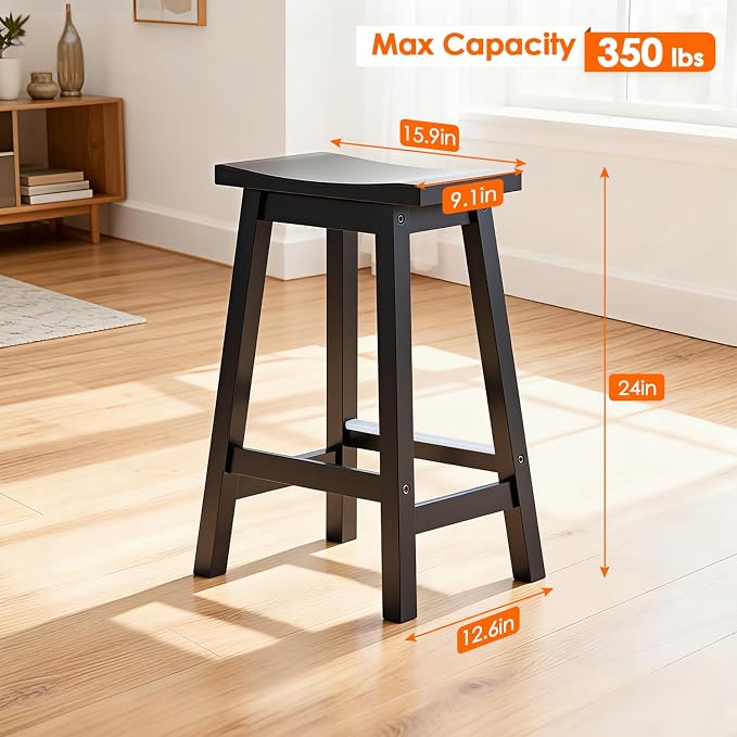 PayLessHere Bar Stools Set of 2, Wooden Saddle Stools 24 Inch Heigh, Bar Chairs - Image 3