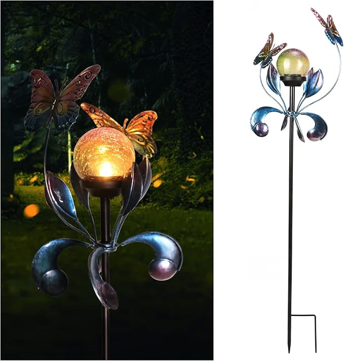 VCUTEKA Solar Lights Outdoor Metal Garden Stake Waterproof Crackle Glass Globe by VCUTEKA