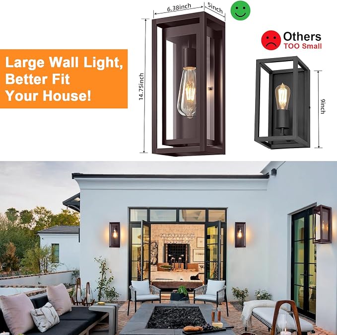 15" Large Oil Rubbed Bronze Outdoor Light Fixture, 2 Pack ORB Outdoor Sconces - Image 6