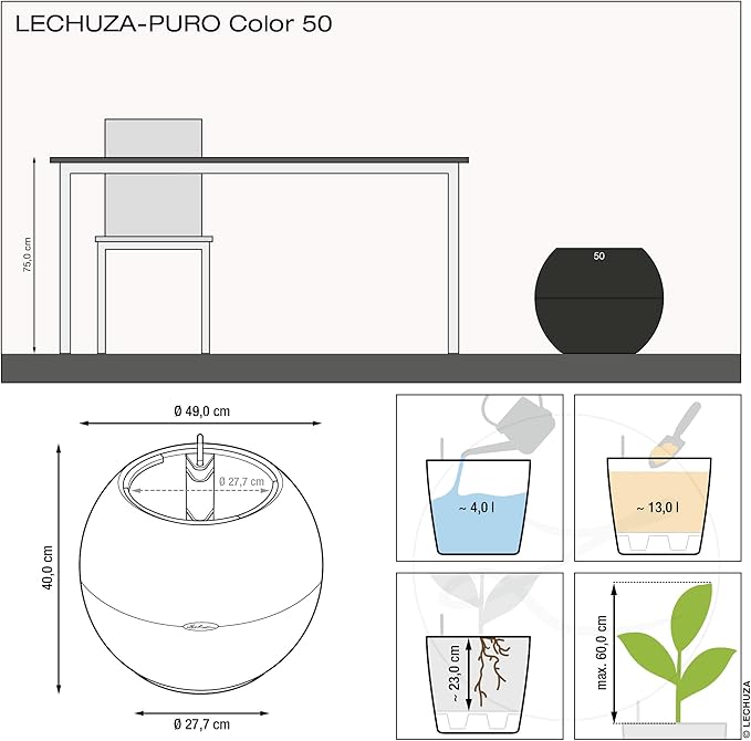 Lechuza Puro Color 50 White, Self-Watering Large Round Planter, D19.7 H15.4 in - Image 4