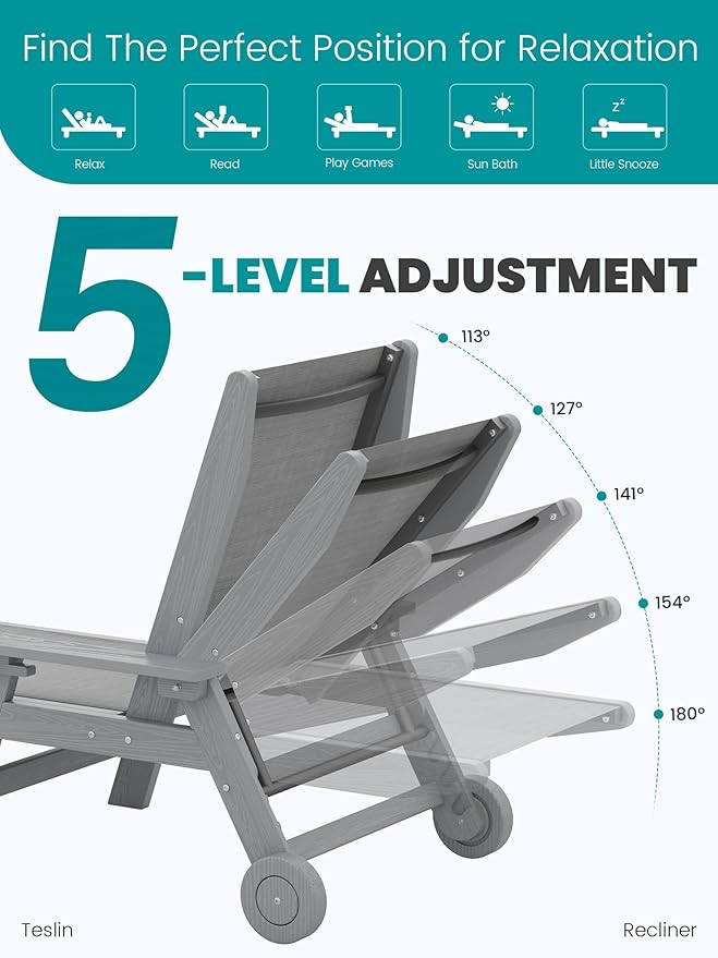 SERWALL Patio Chaise Lounge Chair, 5 Positions Outdoor Lounger - Image 5