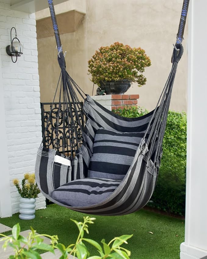 Halalona Hammock Chair Hanging Hammock Chair Rope Swing 2 Cushions - Image 2