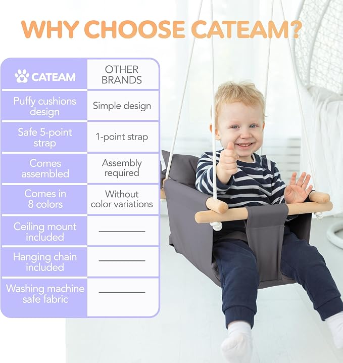 CaTeam - Canvas Baby Swing, Wooden Hanging Swing Seat Chair - Image 6