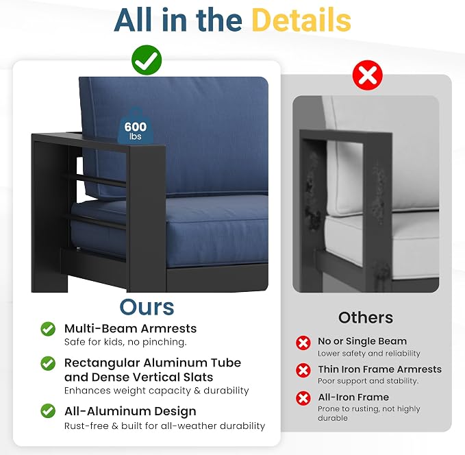 Solaste Aluminum Outdoor Patio Furniture Set, 7 Seats Patio Sectional Sofa - Image 6