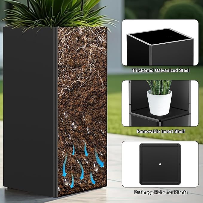 Tall Black Planter 28" Metal Square Large Plant Pots - Image 7