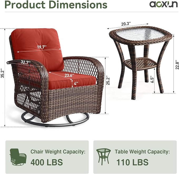 Aoxun 3 Pieces Patio Furniture Set, Patio Swivel Rocker Chairs Set of 2 - Image 7