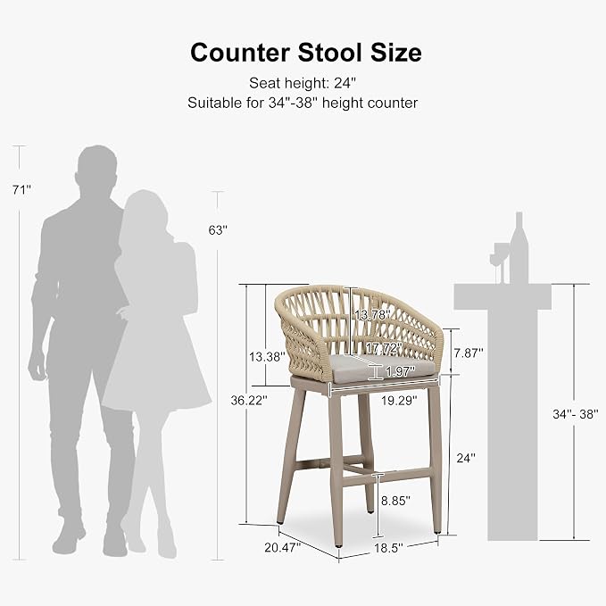 PURPLE LEAF Outdoor Rattan 24" Counter Height Bar Stools Chair Set of 2 - Image 2