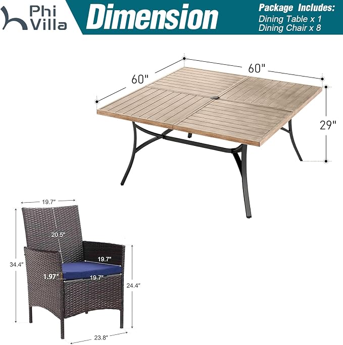 PHI VILLA 9 Pieces Square Outdoor Dining Set - Image 9