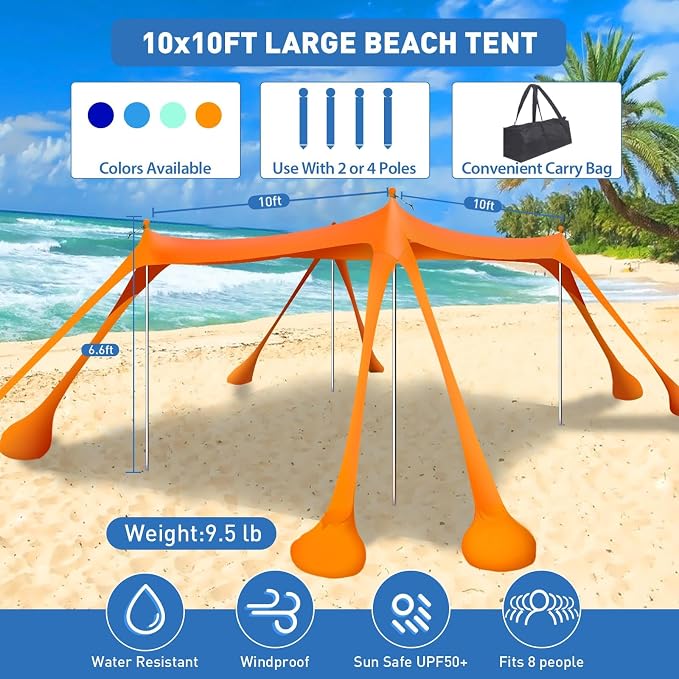 Beach Tent Sun Shelter 10x10ft Beach Canopy Easy Pop Up Sun Shade Portable - Image 2