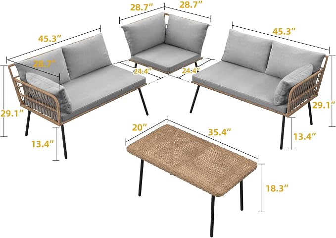 DWVO 4-Piece Outdoor Sectional Sofa Set, All-Weather Wicker L-Shaped 5-Seater - Image 3