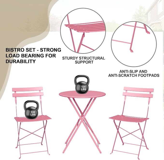 GarveeLife 3-Piece Folding Bistro Set, Foldable Patio Furniture Set - Image 6