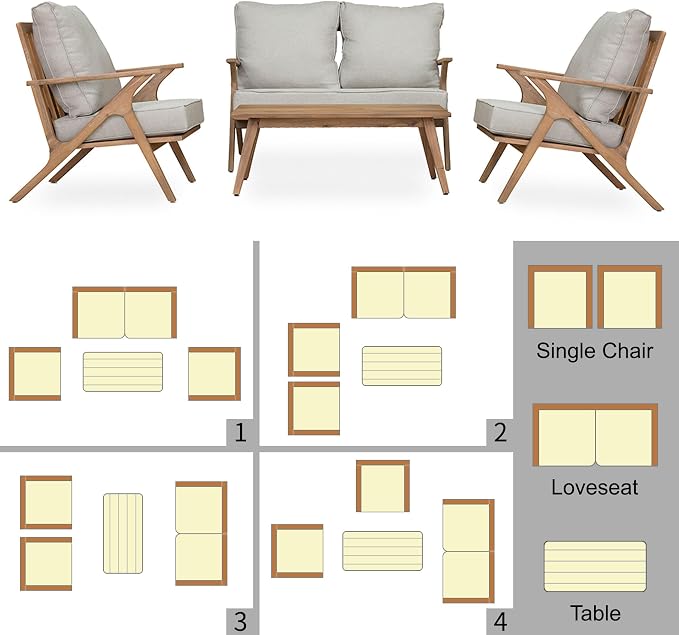4 Pieces Acacia Wood Patio Furniture Set, Outdoor Seating Sofa Set - Image 3