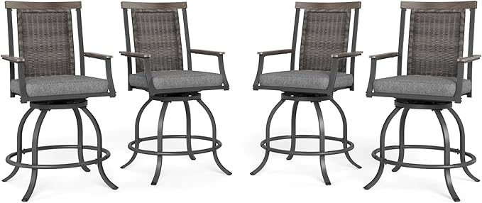 MFSTUDIO Outdoor Counter Height Bar Stool Set of 4, Swivel Rattan Backrest by MFSTUDIO