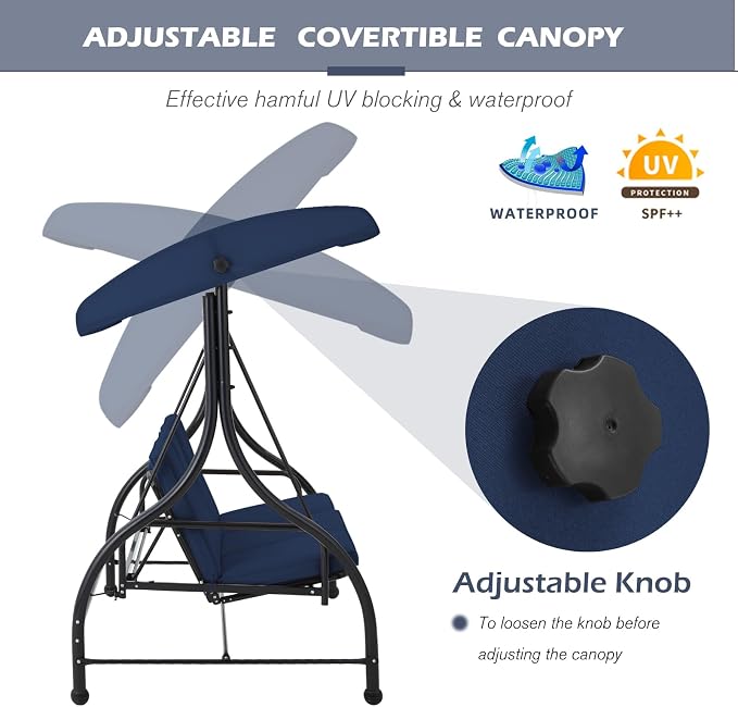 AECOJOY Porch Swing Chair, 3 Seats Porch Swing Adjustable Canopy Outdoor Swing - Image 3