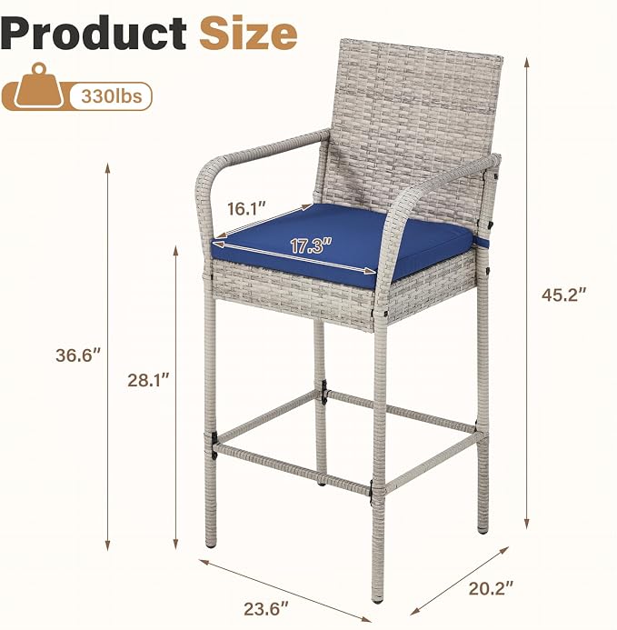 ECOTOUGE Set of 2 Patio Rattan Barstools, All-Weather Wicker Bar Height Chairs - Image 3