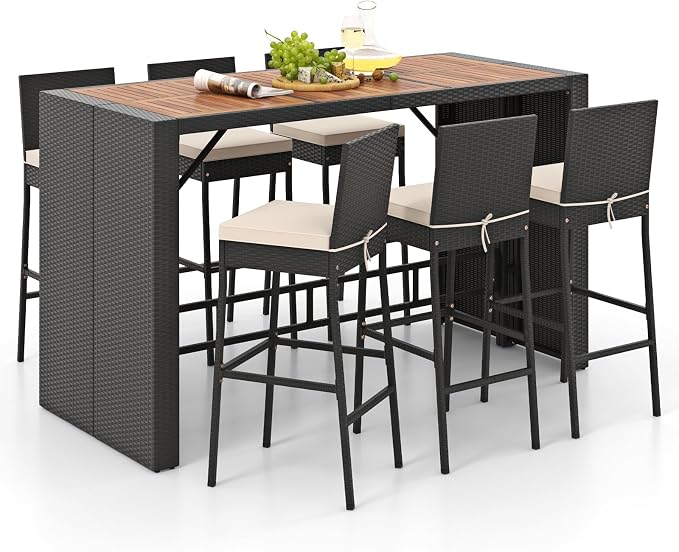 7-Piece Outdoor Wicker Bar Set, PE Rattan Bar Height Dining Set - Image 9