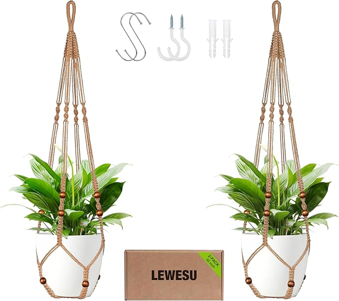 Jute Macrame Plant Hanger Indoor Set of 2 Hanging Planter Basket Flower Pot by Unknown