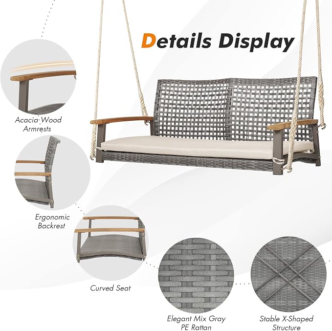Happygrill 2-Person Patio Porch Swing Chair, Outdoor Rattan Swing Bench - Image 7
