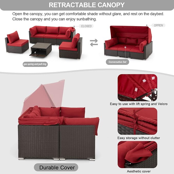 Vicluke 6 Pieces Patio Conversation Sets, Rectangle Wicker Daybed - Image 2