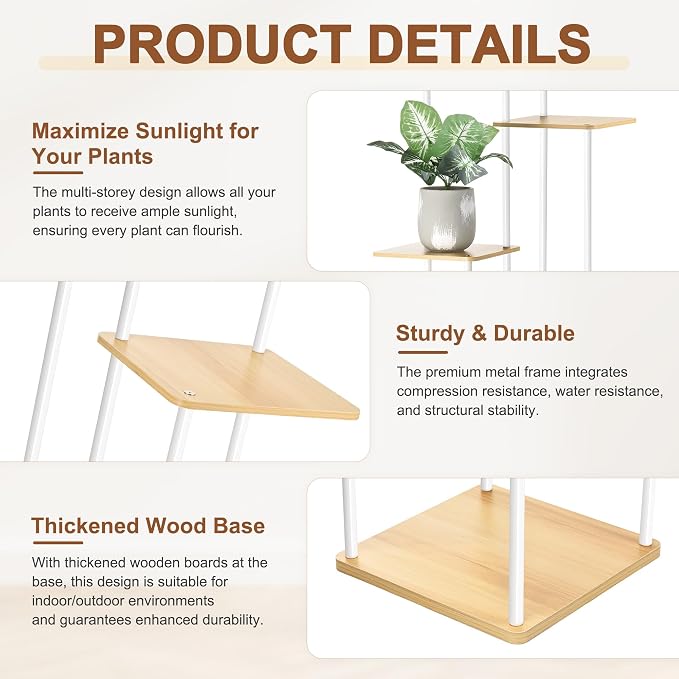 4 Tier Plant Stand Indoor Outdoor, Wood Metal Corner Shelf, Planter Shelf - Image 4