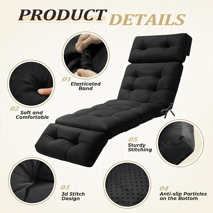 Outdoor Chaise Lounge Cushion Waterproof, 74.4x22x4.7 Inch Oxford Fabric - Image 2