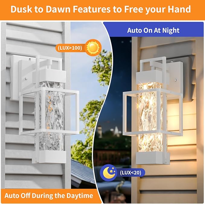 Hotsonic 2 Pack White Dusk to Dawn Outdoor Porch Light Fixtures Wall Mount - Image 2