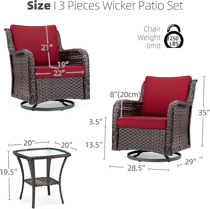 GarveeHome 3-Piece Outdoor Wicker Rattan Swivel Rocking Chair Set - Image 2
