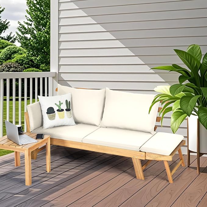 S AFSTAR Patio Convertible Couch Sofa Bed, Acacia Wood Chaise Lounger - Image 2