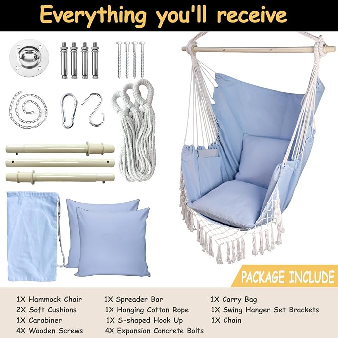 Hammock Chair Hanging Rope Swing Chair, Max 450 Lbs, Large Hanging Chair - Image 3