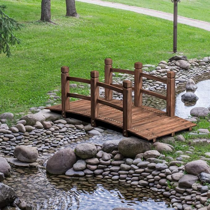 HAPPYGRILL Wooden Garden Bridge, Stained Finish Decorative Pond Bridge - Image 2