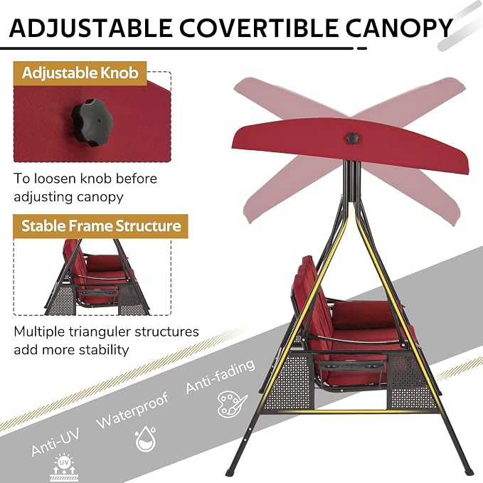 U-MAX 3-Seat Porch Swing Chair Steel Frame, Patio Swing Chair - Image 4