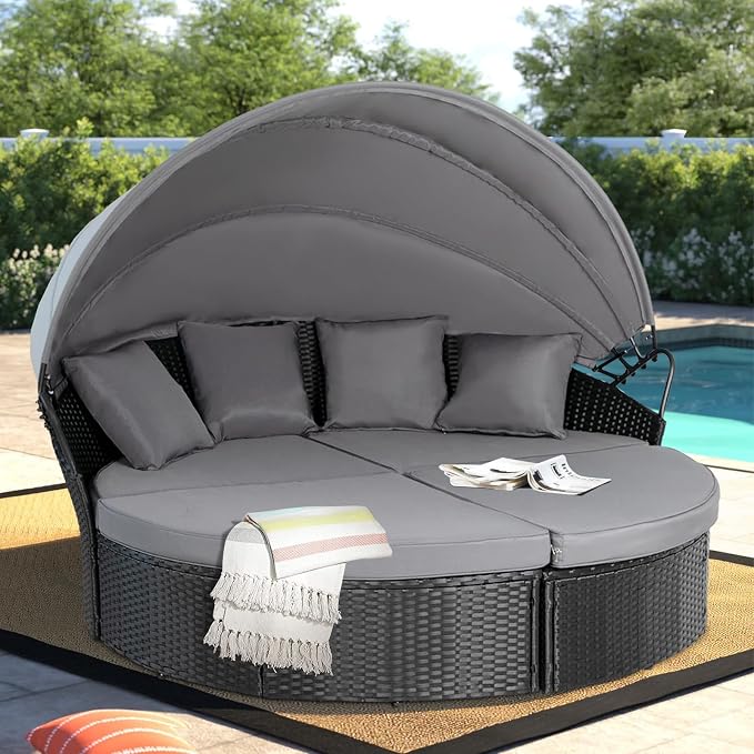 Outdoor Patio Furniture Canopy Daybed Round Sofas, 4 Pieces Seating Separates - Image 2