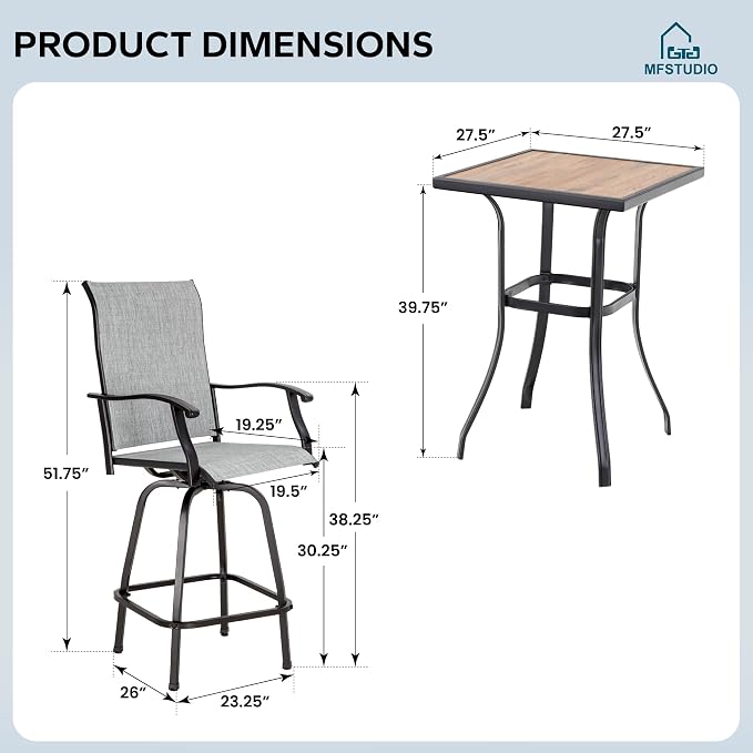 MFSTUDIO 3 Piece Outdoor Swivel Bar Set, Outdoor Bar Table and Chairs Set - Image 7