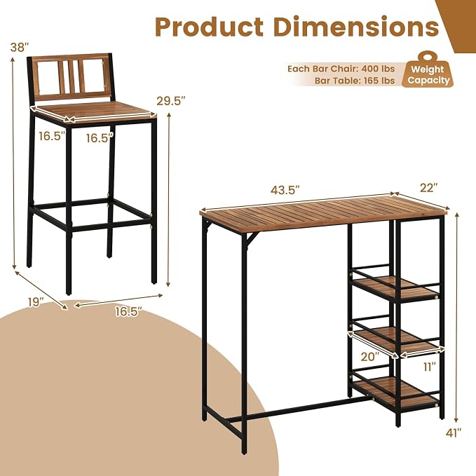 Tangkula Outdoor Wood Bar Set, 3 Pieces Patio Bar Height Table & Chair Set w/ - Image 4
