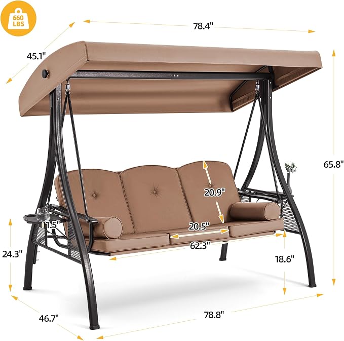 HOMREST 3 Seat Outdoor Porch Swing - Image 7