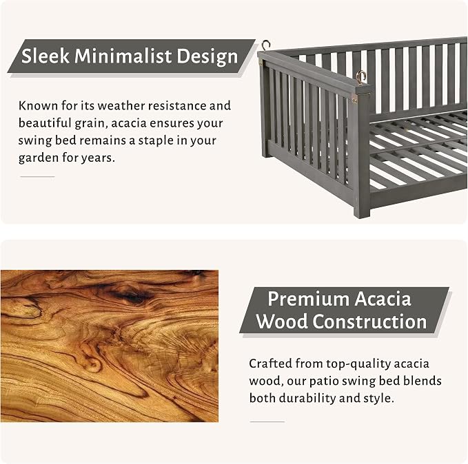 Patio Twin Size Garden Swing Daybed, Acacia Wood Porch Swing - Image 5