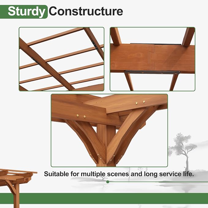 12' x 10' Outdoor Wood Pergola, Wooden Patio Pergola Gazebo Sunshade - Image 3