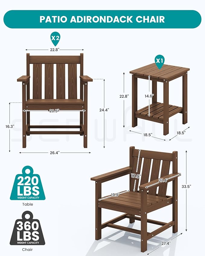 SEWRWALL 3 Pieces Patio Bistro Set, All Weather Adirondack Chair Set - Image 2