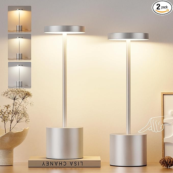 Kakanuo Silver Gray Cordless Lamp Set, Rechargeable Lamp, 3 Color Temperature by KakanuoLightings