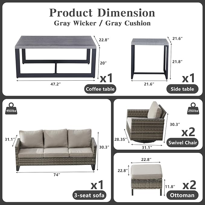 Belord 7 Piece Outdoor Furniture Patio Wicker Sofa Set, Oversize Outdoor Swivel - Image 3