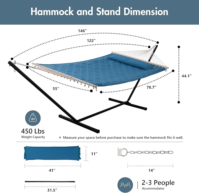 ANOW Double Hammock with 12 Feet Heavy Duty Steel Stand Combo, 2 Person Quilted - Image 6