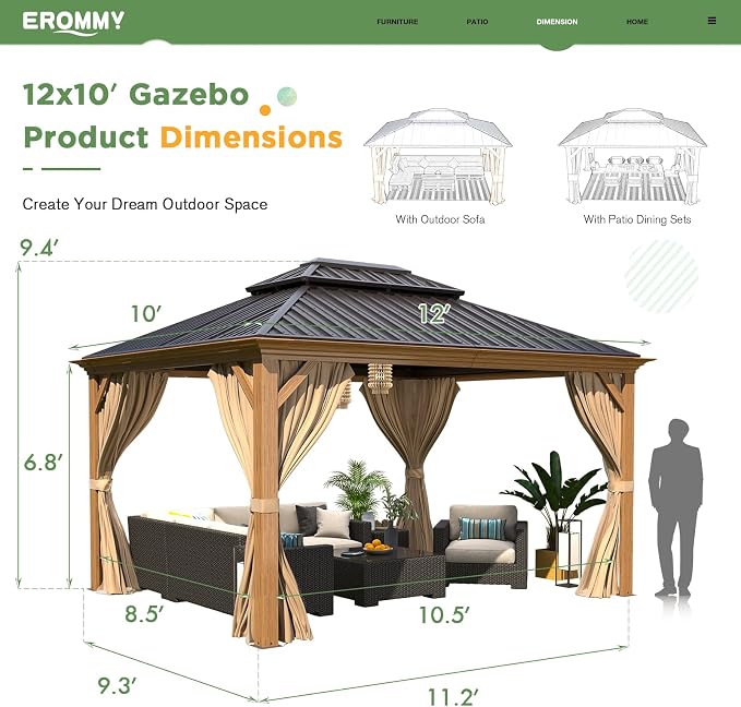 EROMMY 10'x12' Gazebo, Wood Grain Aluminum Frame Canopy - Image 4