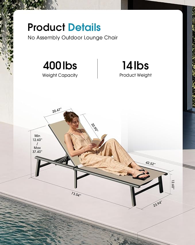 Ciokea Foldable Outdoor Lounge Chair Set of 4, No Assembly Aluminum Chaise - Image 2
