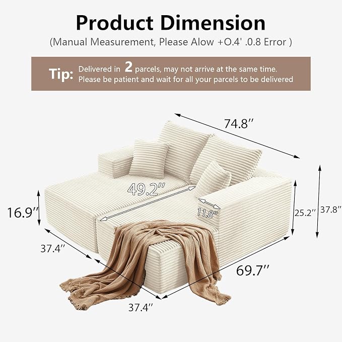 ODUWA Oversized Double Chaise Lounges Indoor, Upholstered Boneless Cloud - Image 2