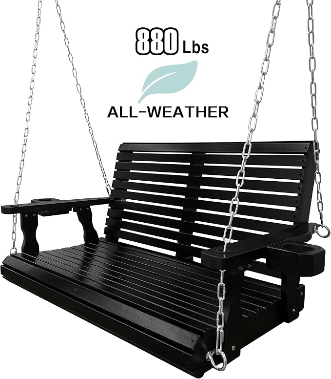 Wooden Porch Swing 2-Seater, High Backrest and Deep Seat, Bench Swing - Image 4