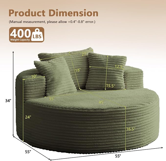 Oversized Round Chair Lounge Chaise Indoor, Upholstered Corduroy Deep Seat - Image 2