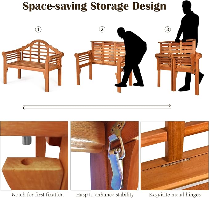 Classic Patio Loveseat Bench, Eucalyptus Wood, 4 FT, Arched Back & Armrests - Image 5